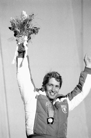 Bill Johnson after receiving his gold medal at the 1984 Winter Olympics. (Michel Lipchitz/AP)