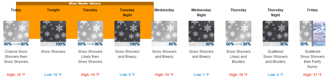 The NWS forecast for Snowshoe shows chilly temperatures all week.