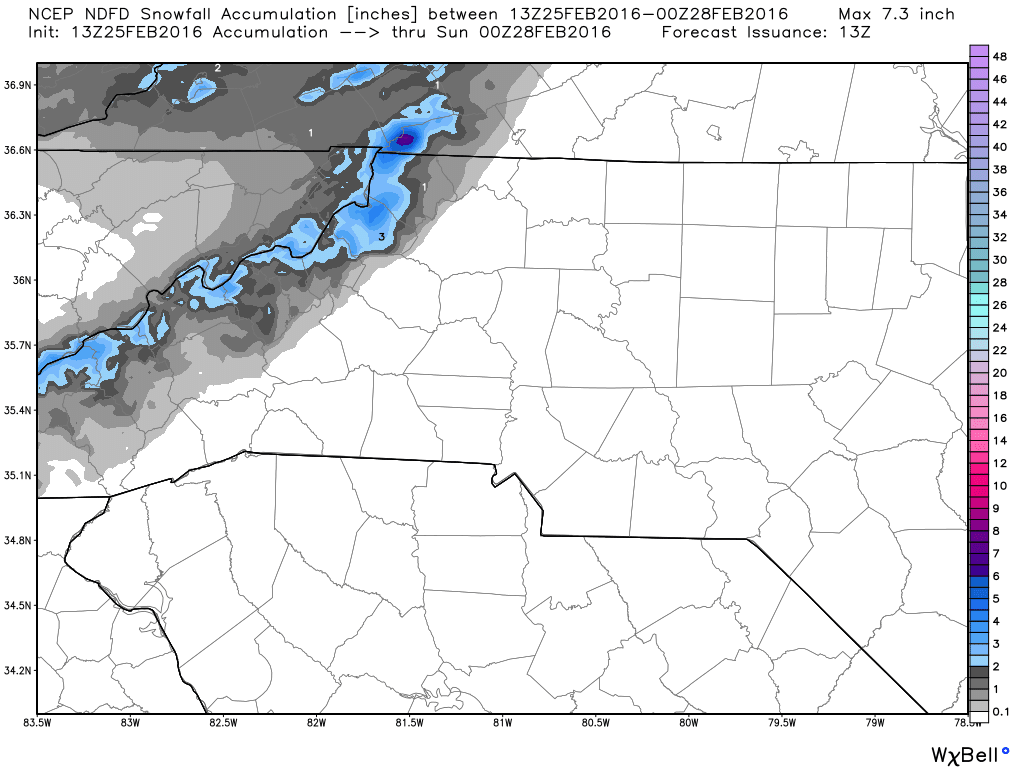 NWS snow forecast for the NC mountain through Saturday morning. Source: Weatherbell