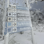 Trail signs at Sugar Ski Area are dusted in snow on November 28