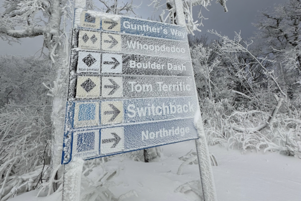 Trail signs at Sugar Ski Area are dusted in snow on November 28
