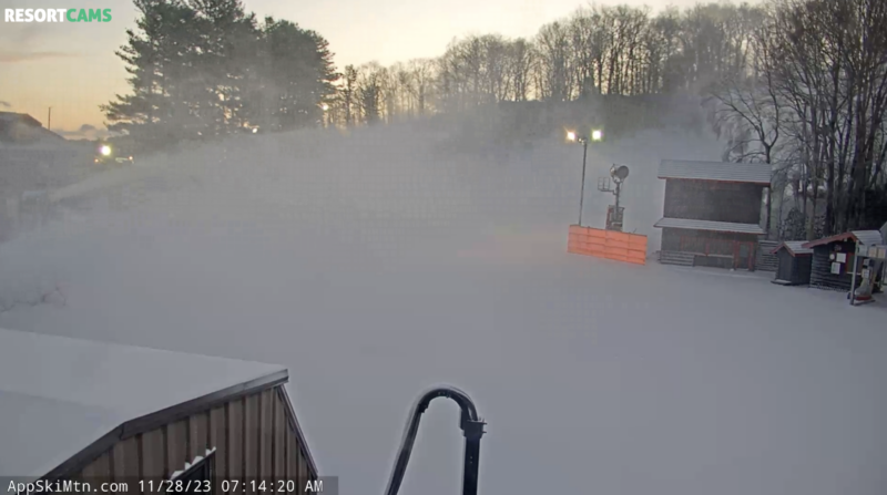 The Base of App Ski Mountain showing a furious amount of snowmaking
